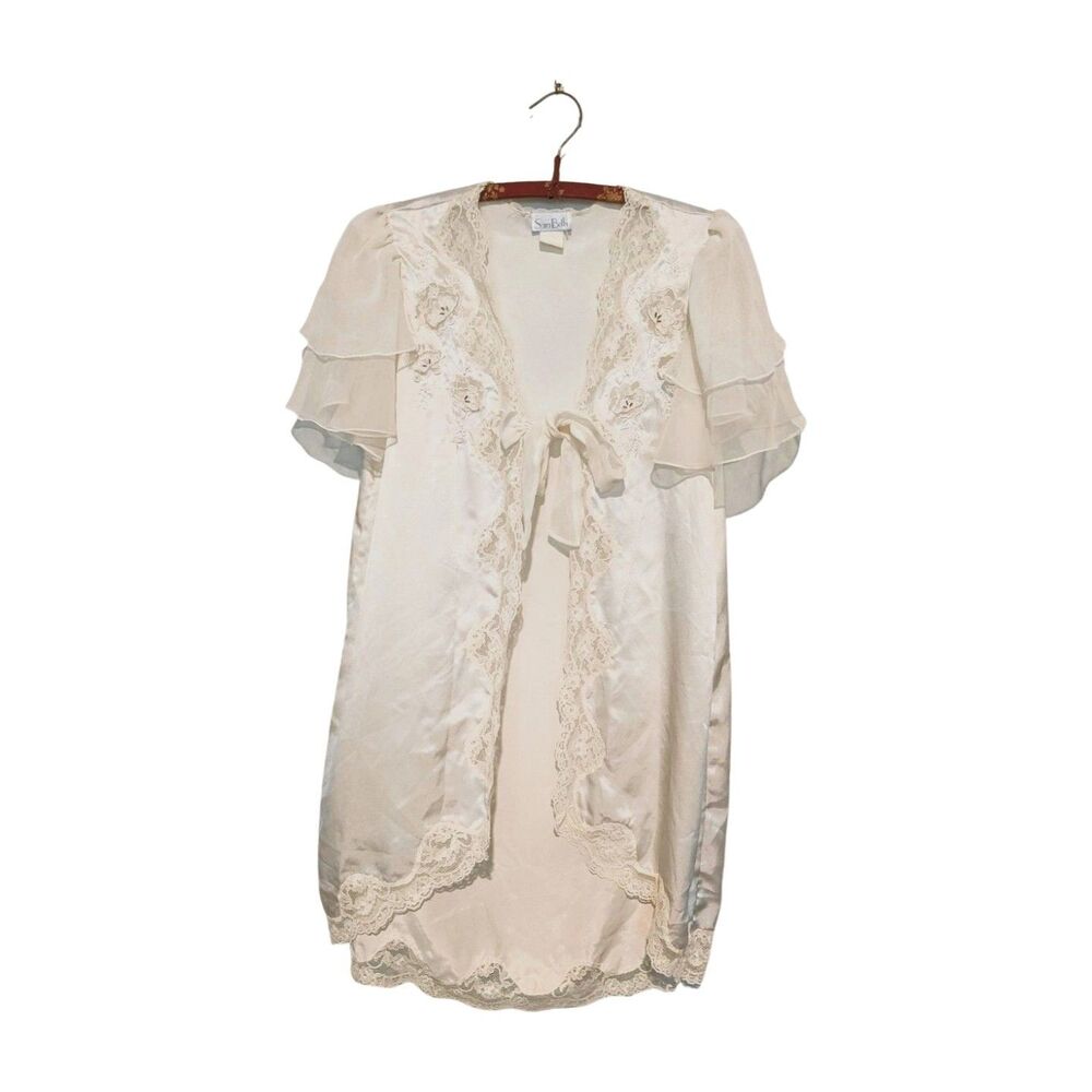 Vintage 80s White Robe S / M Tie Front Flutter Sleeve Satin Lace Beaded Applique
